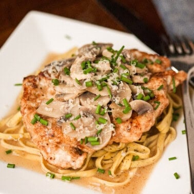 homemade chicken marsala over pasta.