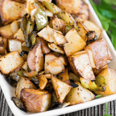 air fryer breakfast potatoes with peppers and onions.