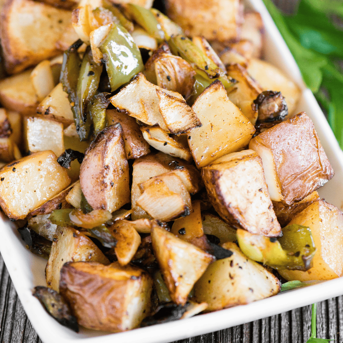 air fryer breakfast potatoes with peppers and onions.