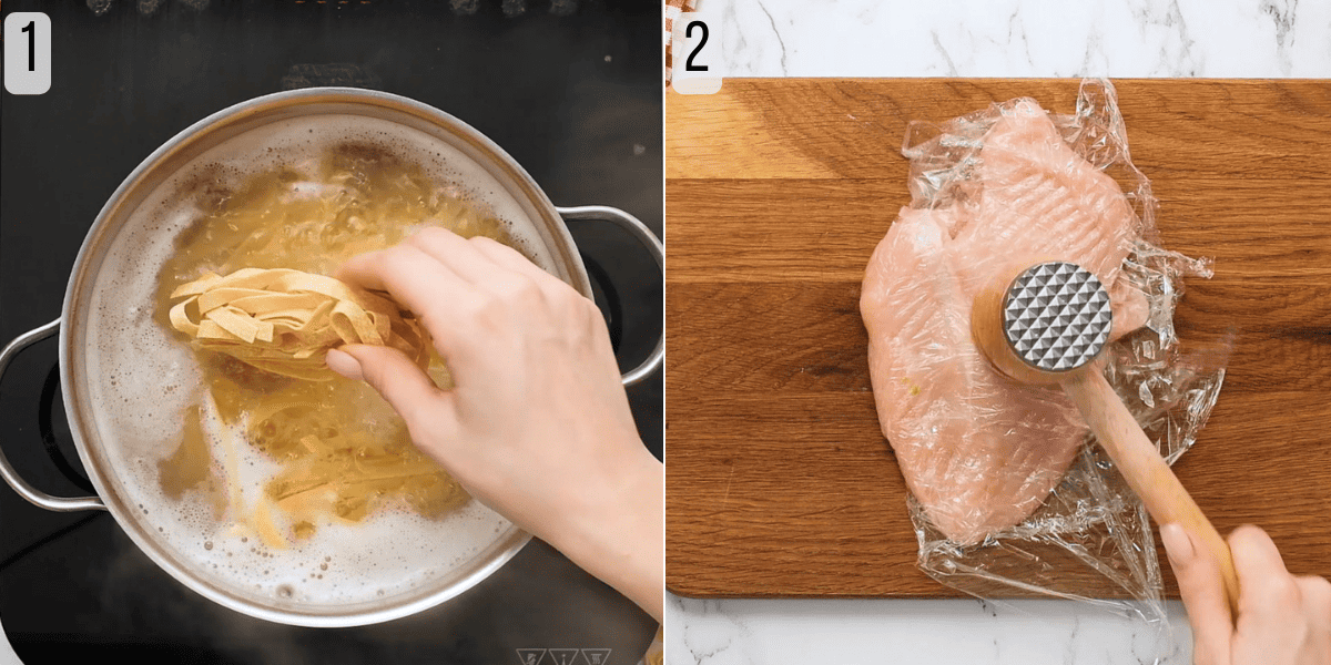 Side-by-side blackened chicken pasta recipe photos showing pasta being added to boiling water and chicken breasts getting pounded thin.