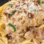recipe for homemade marry me chicken pasta with a sundried tomato cream sauce.