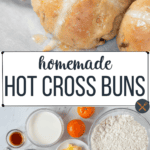 Recipe for homemade hot cross buns with raisins, dried apricots, and an orange glaze.