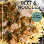recipe for Instant Pot Beef and Noodles made with stew meat, cream of mushroom, beef broth, and egg noodles.