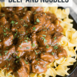 recipe for Instant Pot Beef and Noodles made with stew meat, cream of mushroom, beef broth, and egg noodles.