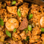 Recipe for Instant Pot Jambalaya with shrimp, sausage, chicken and rice.