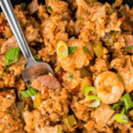 Recipe for Instant Pot Jambalaya with shrimp, sausage, chicken and rice.