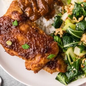 looking down at a apricot glazed chicken boneless thigh on a white plate with bok choy salad and rice.