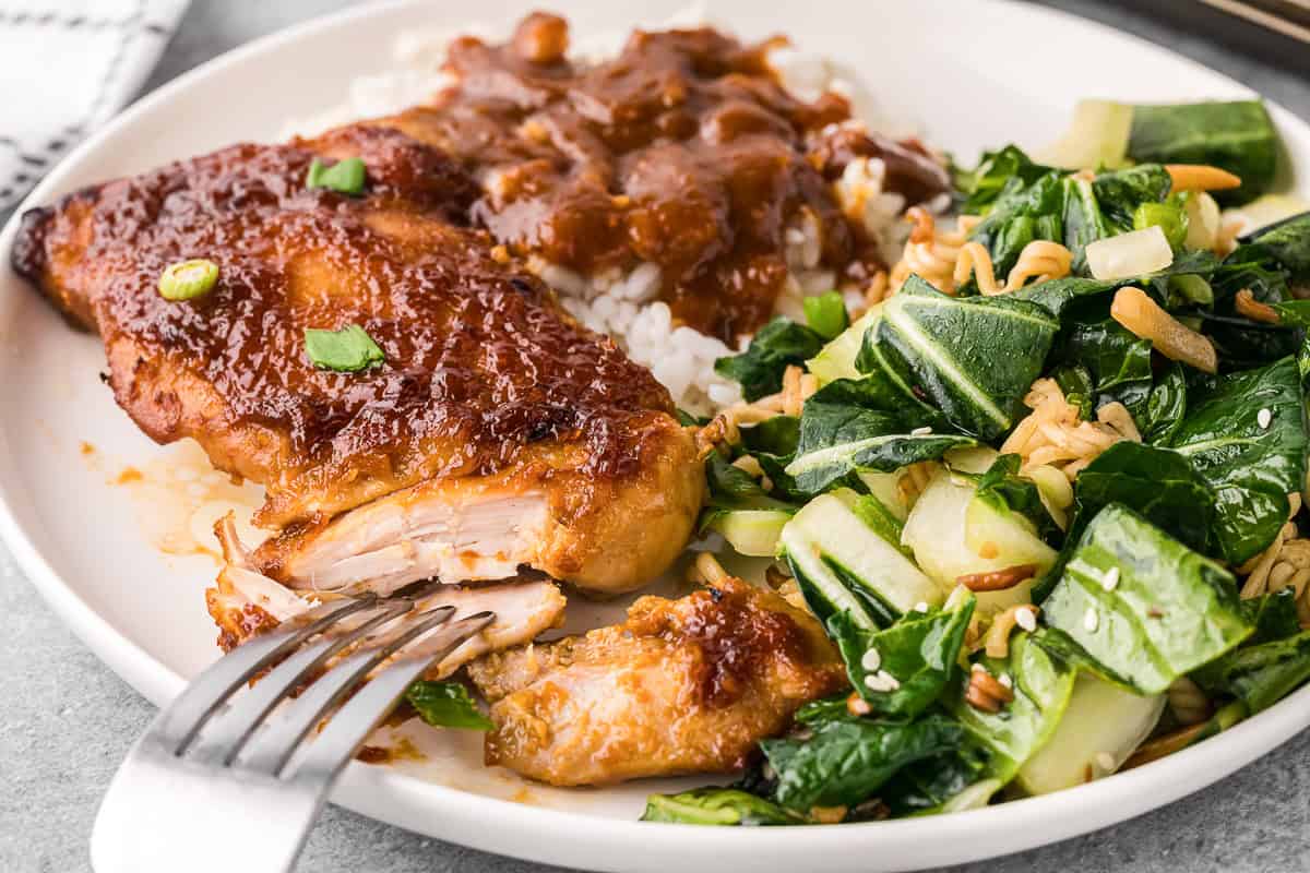 apricot glazed chicken thigh on plate with bok choy salad on the side.