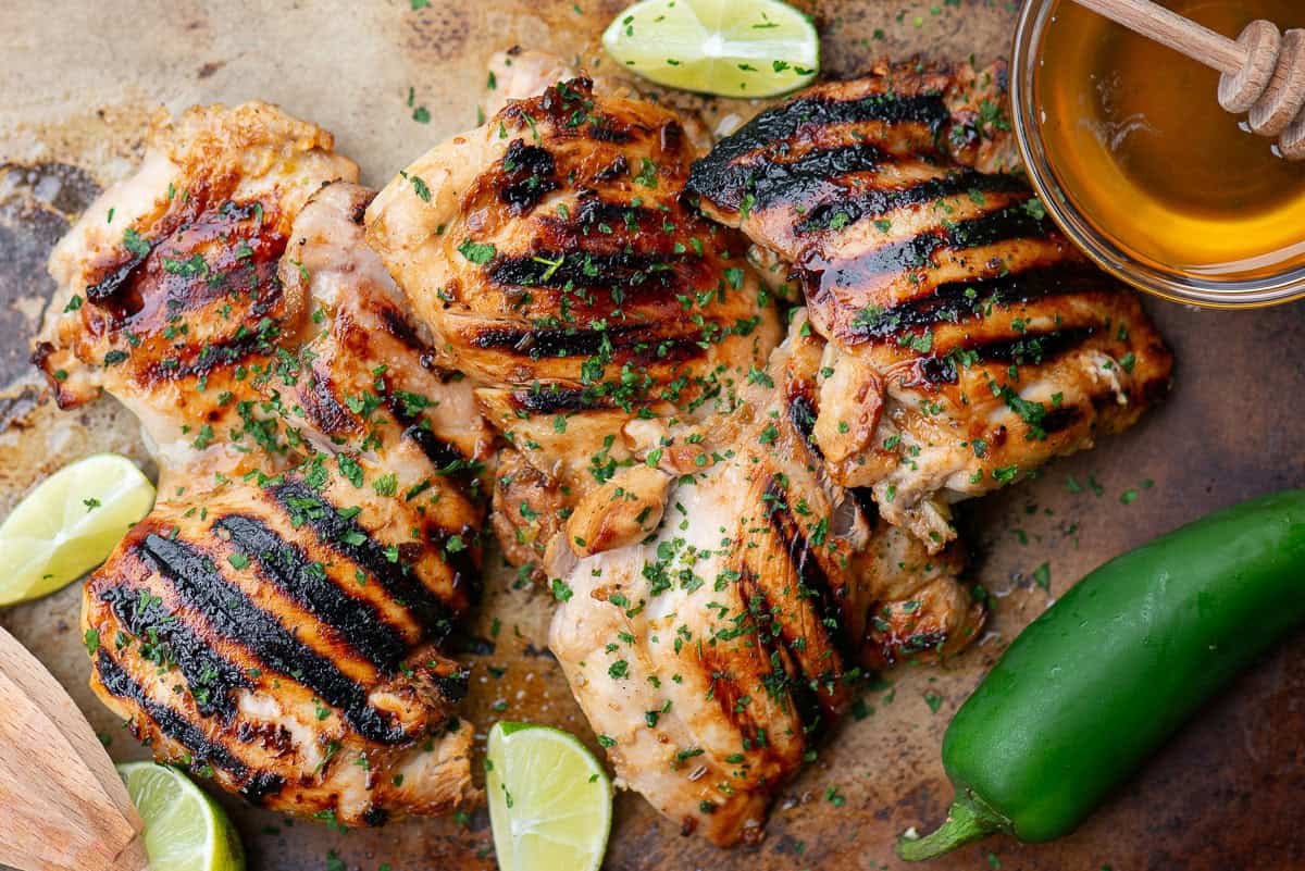 honey lime jalapeno marinated grilled chicken thighs.