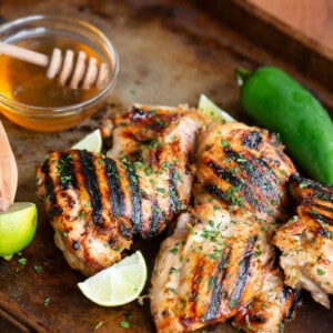 honey lime jalapeno marinated grilled chicken thighs.