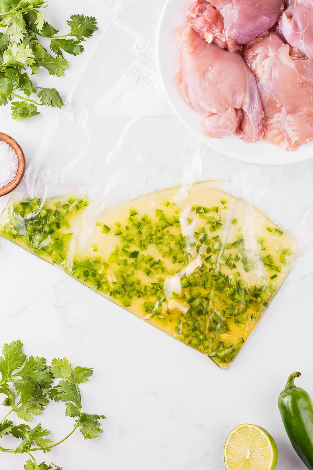 honey lime jalapeno marinade in plastic bag for chicken thighs.