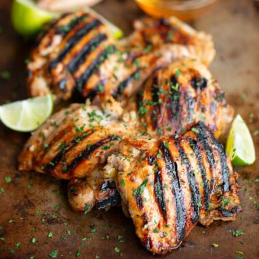 honey lime jalapeno marinated grilled chicken thighs.