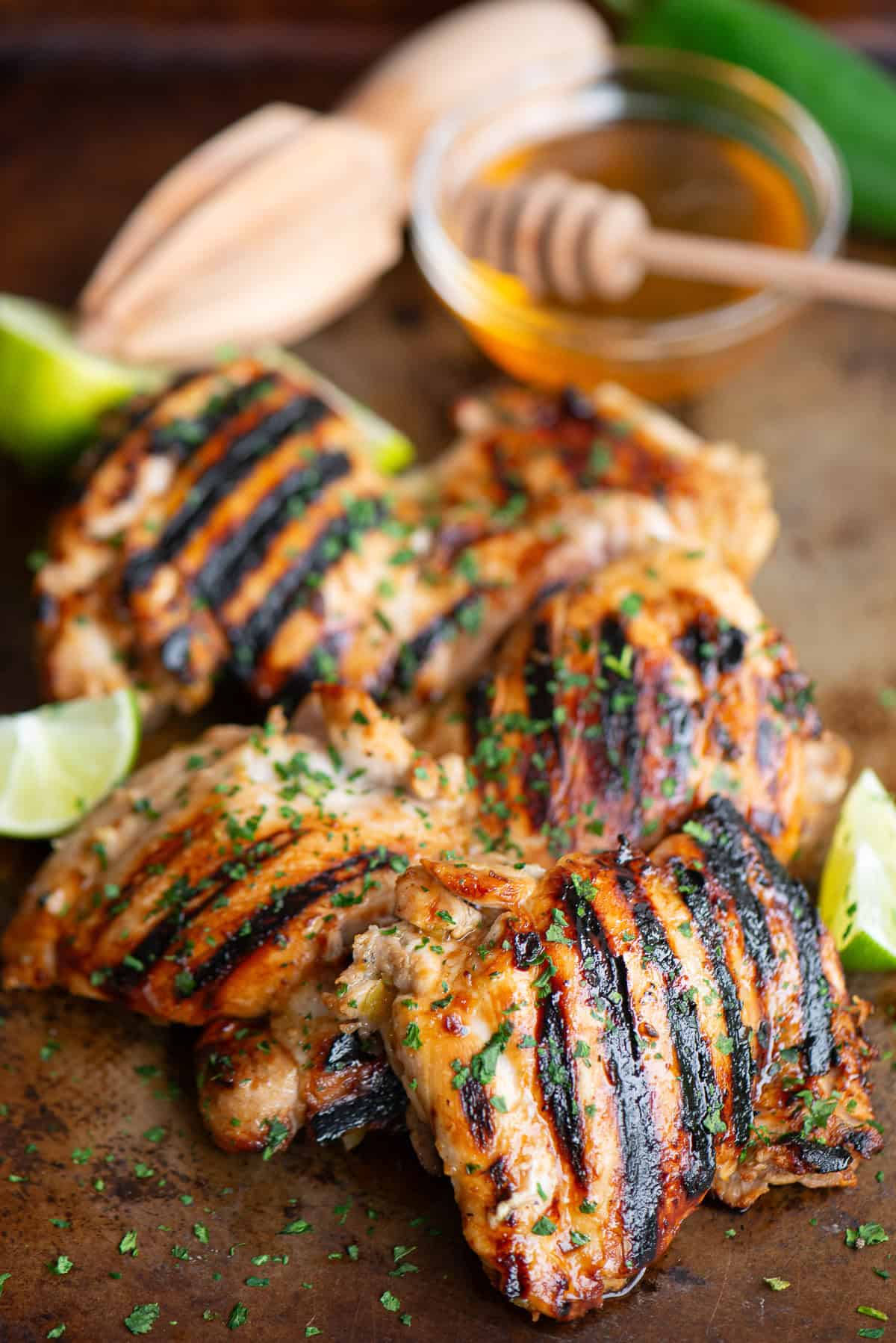 honey lime jalapeno marinated grilled chicken thighs.