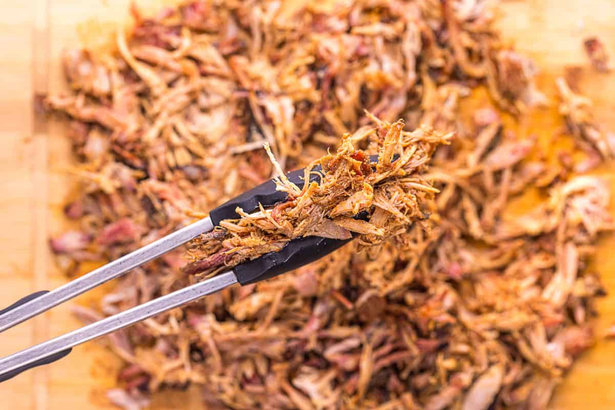 shredded smoked pork with tongs.