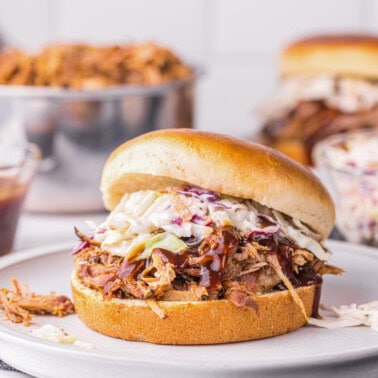 smoked pulled pork sandwich topped with barbecue sauce and coleslaw.