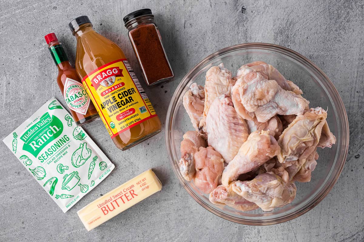 ingredients needed to make homemade spicy ranch chicken wings.