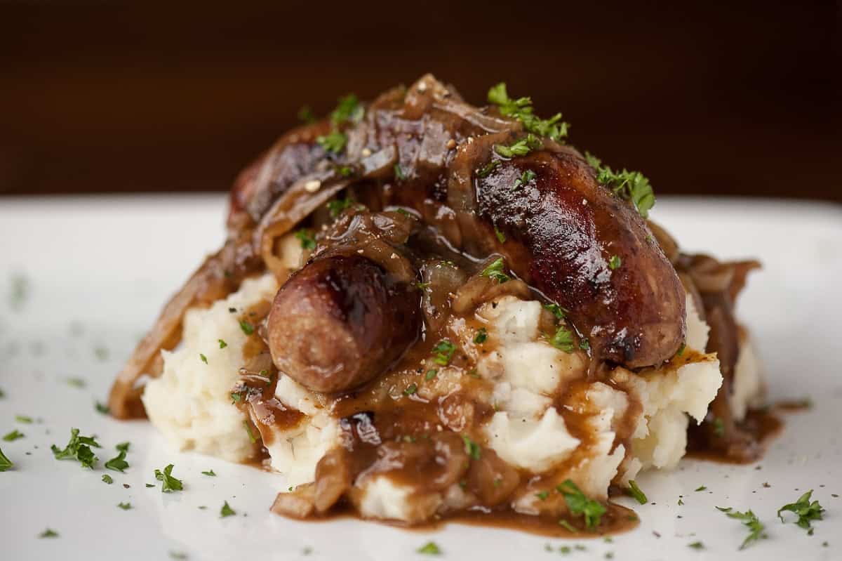 Guinness Bangers and Mash with Onion Gravy.