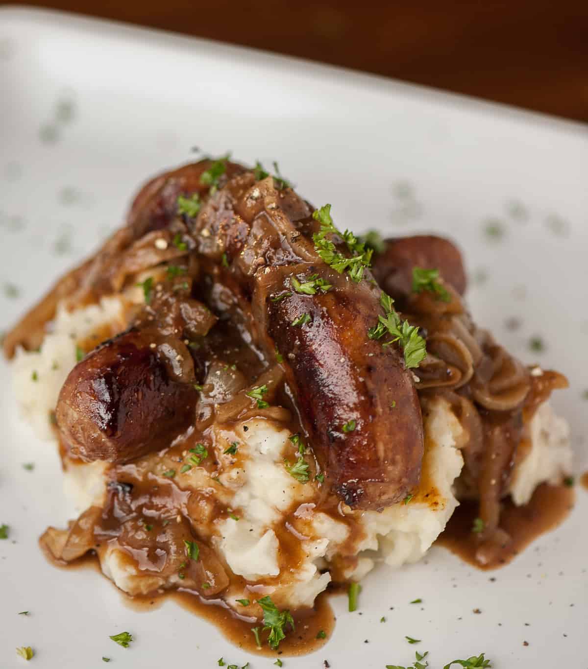 Guinness Bangers and Mash with Onion Gravy.