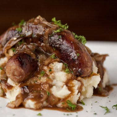 Guinness Bangers and Mash with Onion Gravy.