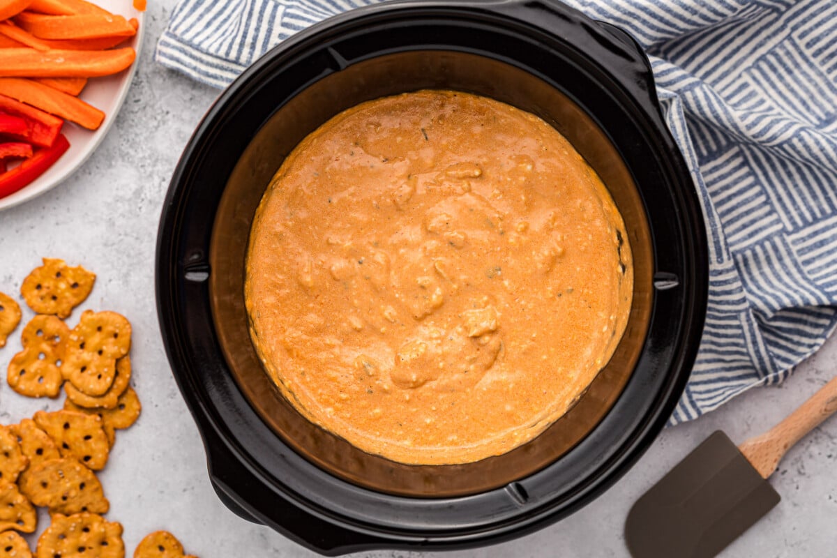 slow cooker with warm buffalo chicken dip.