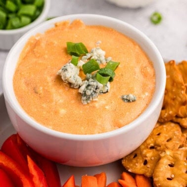 warm buffalo chicken dip with bleu cheese crumbles.