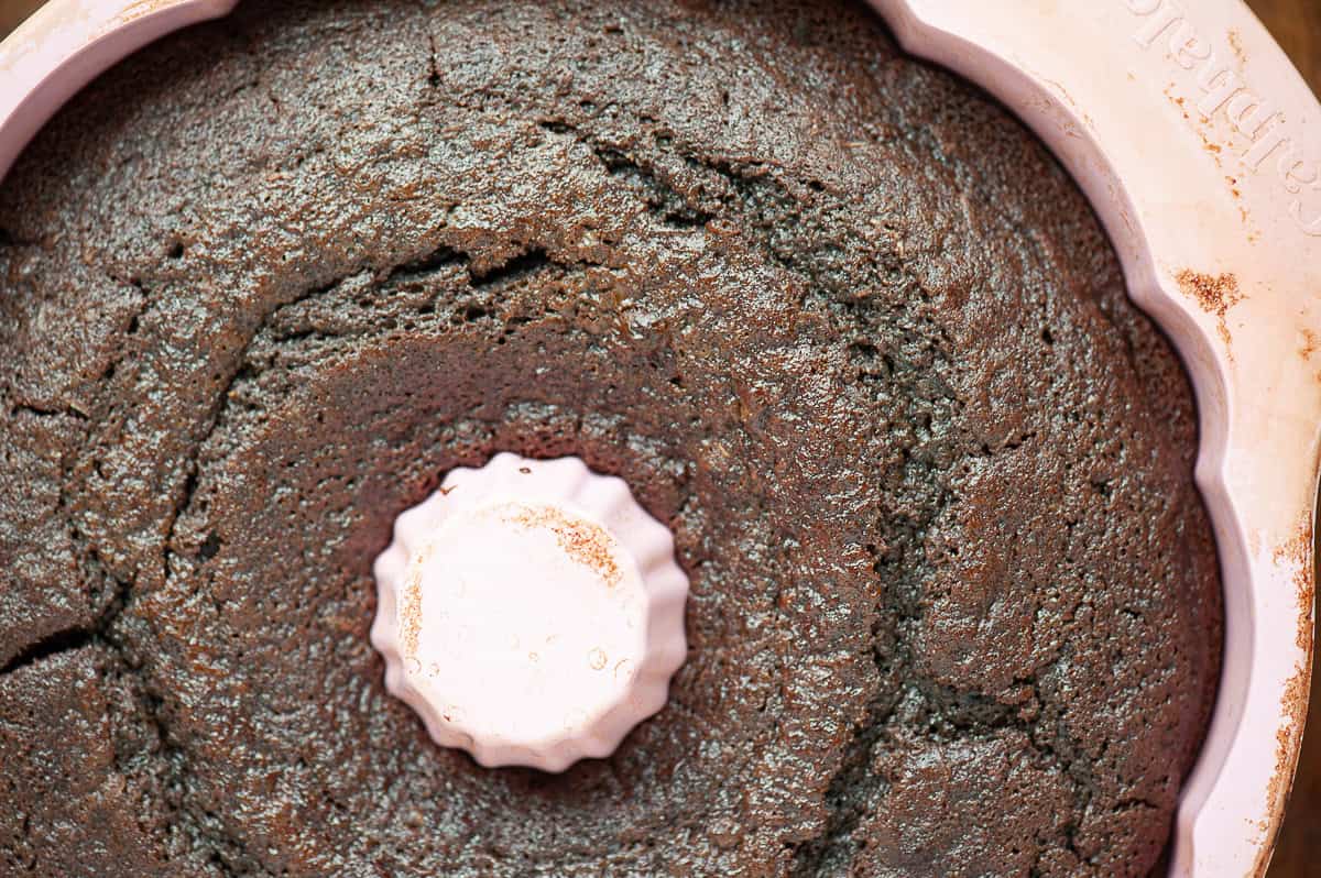 top of chocolate cake in bundt pan.