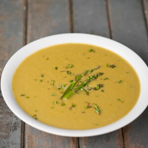 Bowl of creamy asparagus soup.