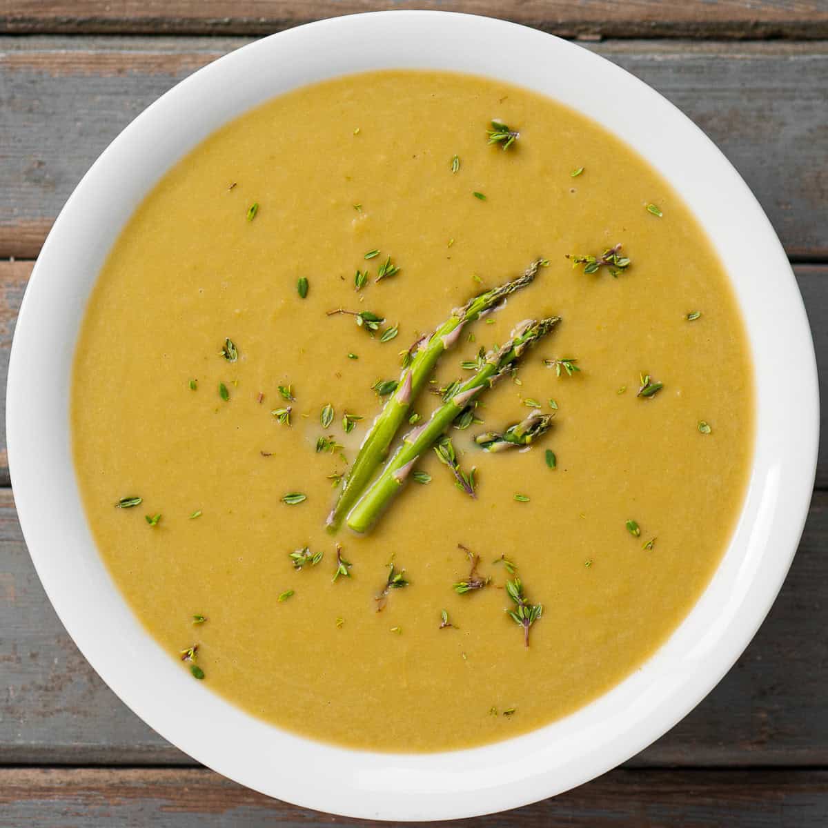 Bowl of creamy asparagus soup.