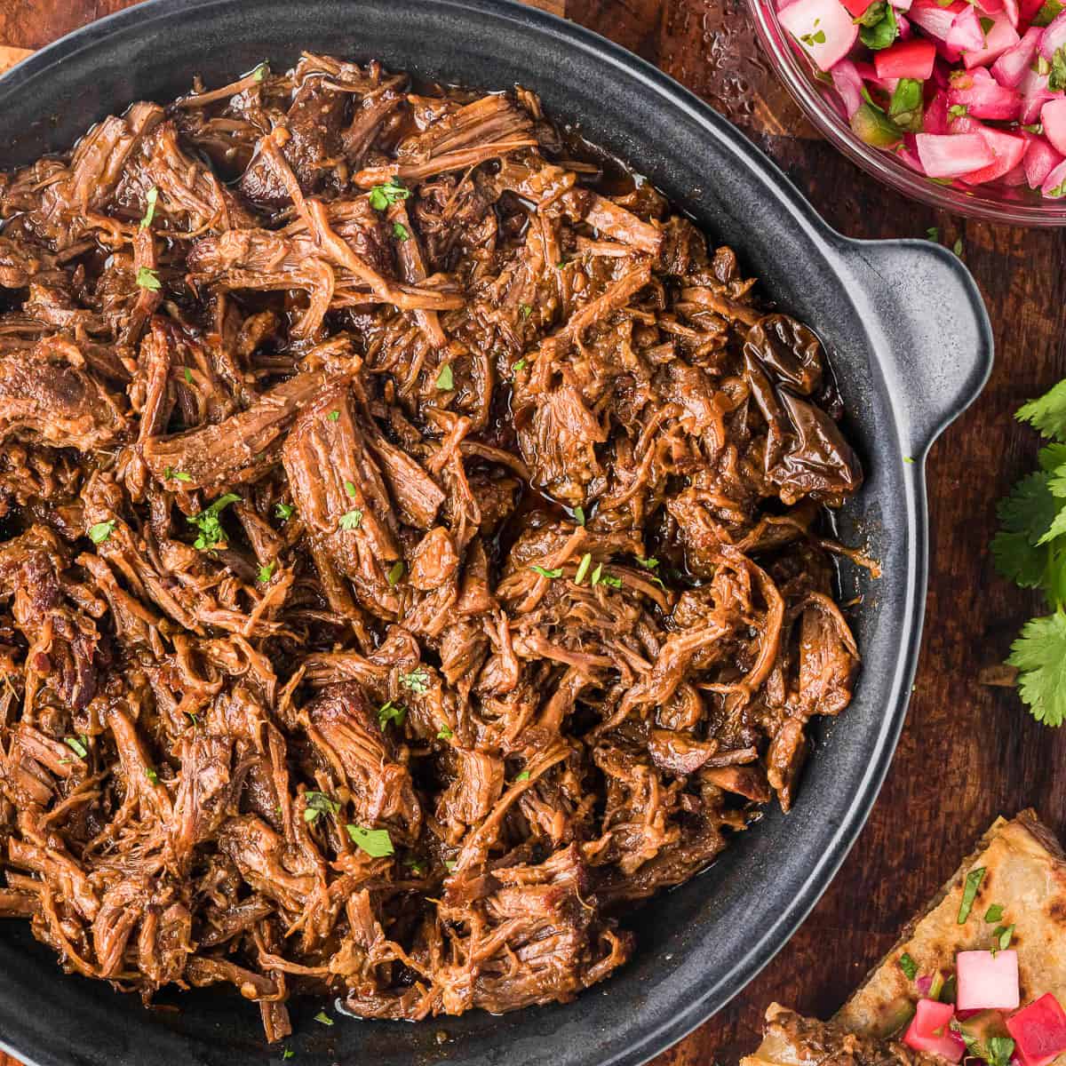 shredded barbacoa beef on black round dish with quesadilla triangles and pickled radish.