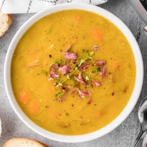 split pea soup in bowl.