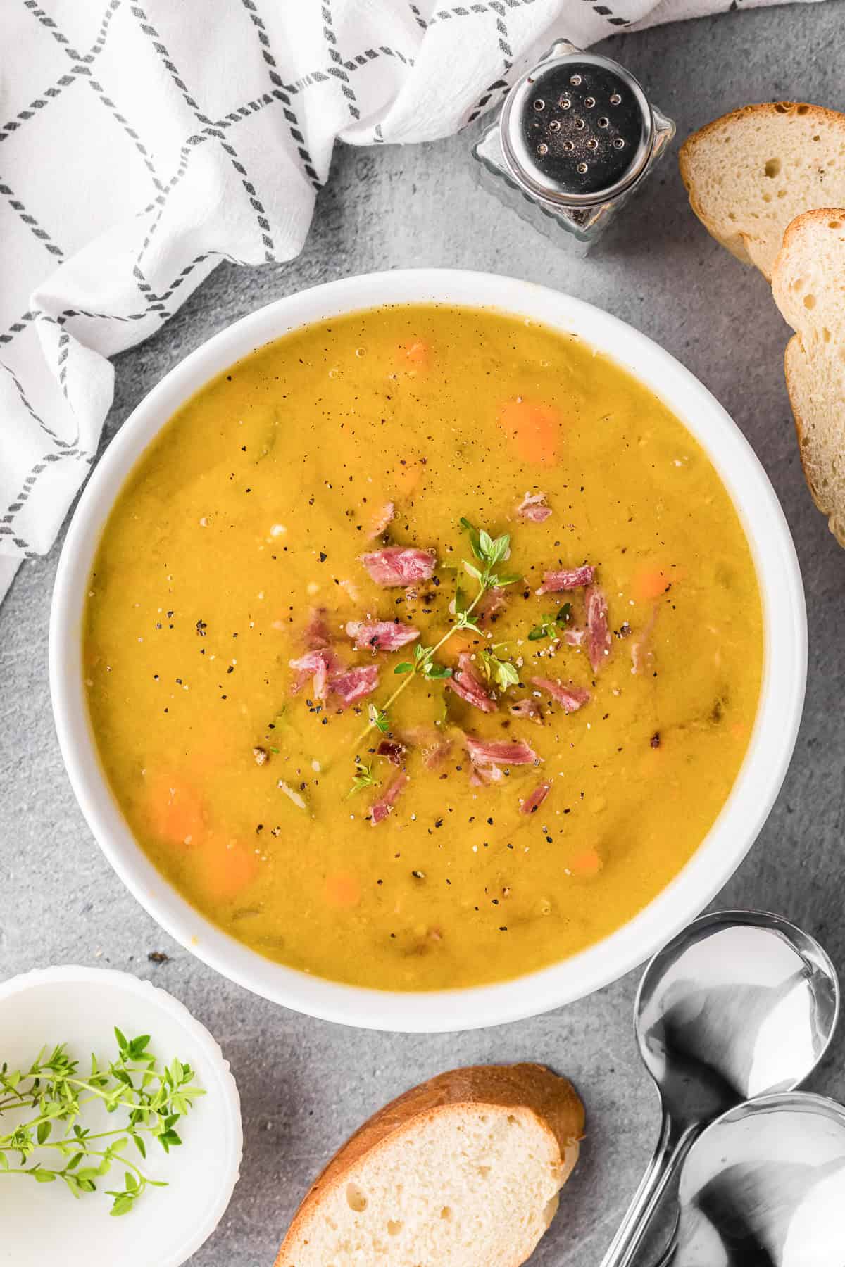 split pea soup in bowl.