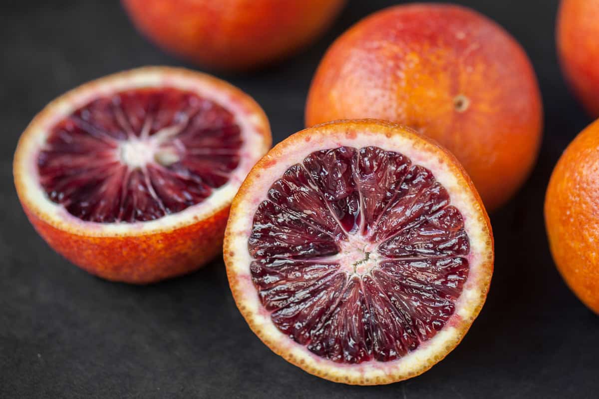 blood oranges sliced in half.