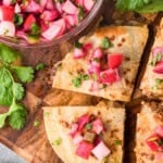 quick pickled radishes on top of crispy quesadillas.