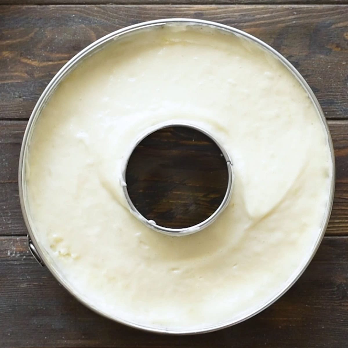 angel food cake in a tube pan about ready to be baked.