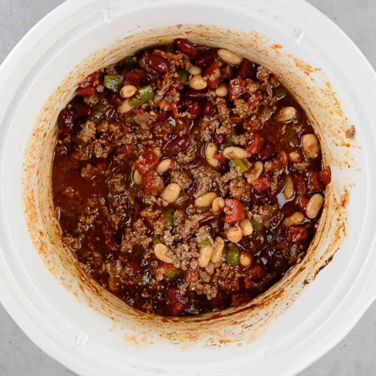 homemade beer chili in a crockpot.