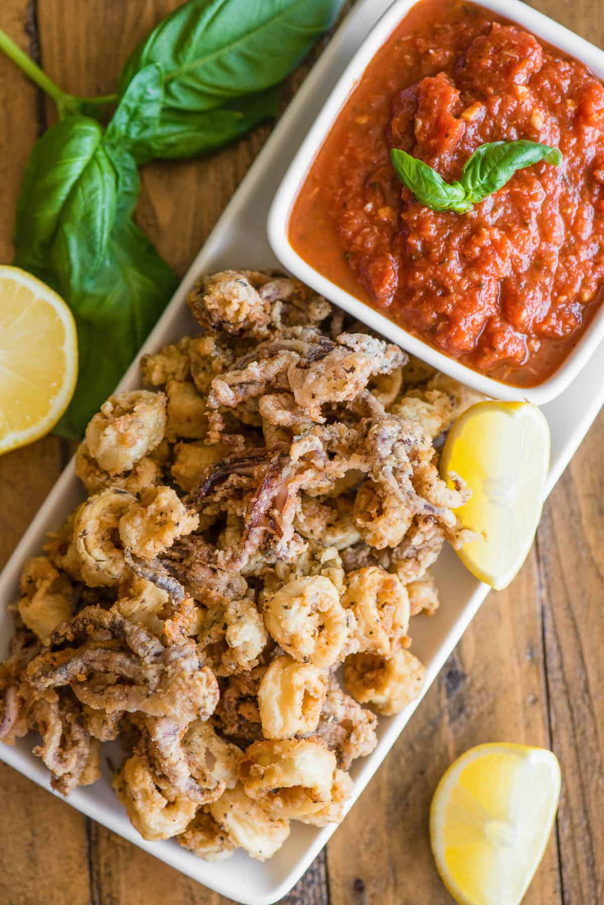 crispy fried homemade calamari with marinara sauce.