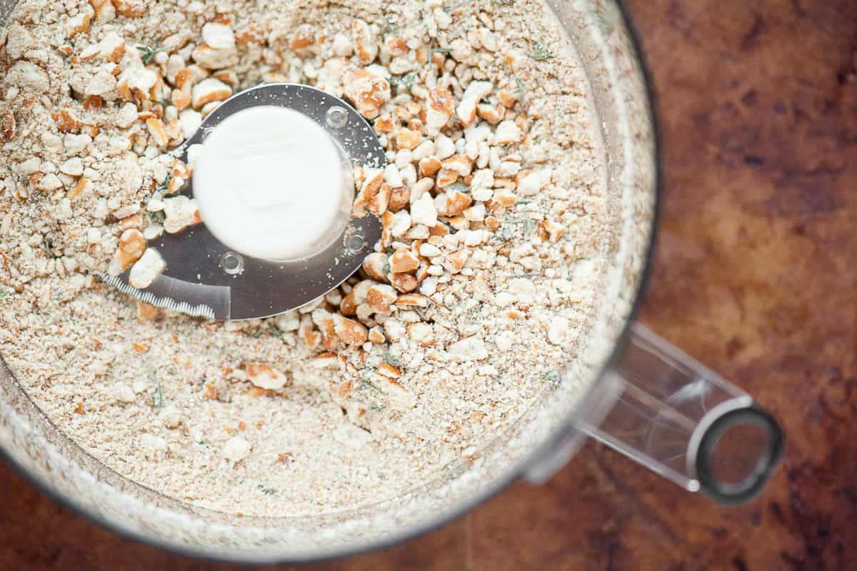 pretzel crumbs in food processor.