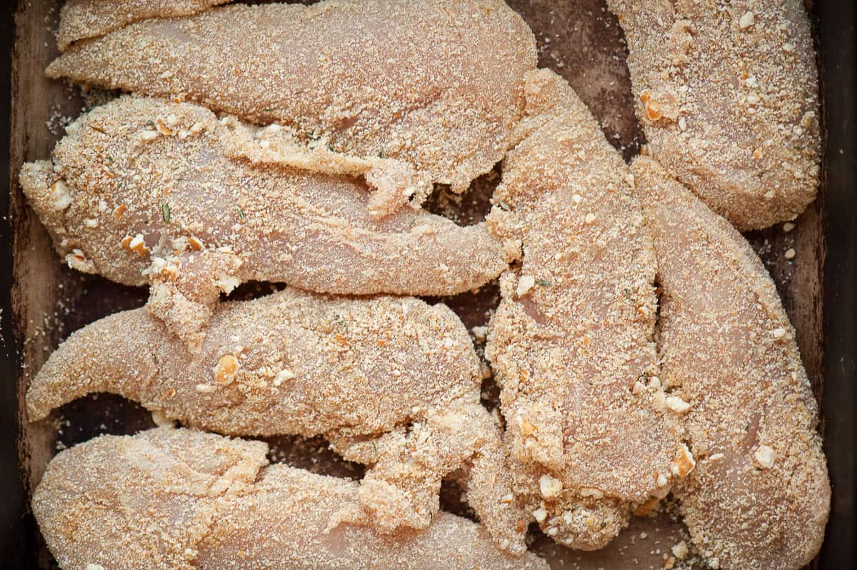 pretzel coated chicken tenders before cooking.