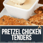 pretzel coated chicken tenders with warm cheddar cheese sauce.