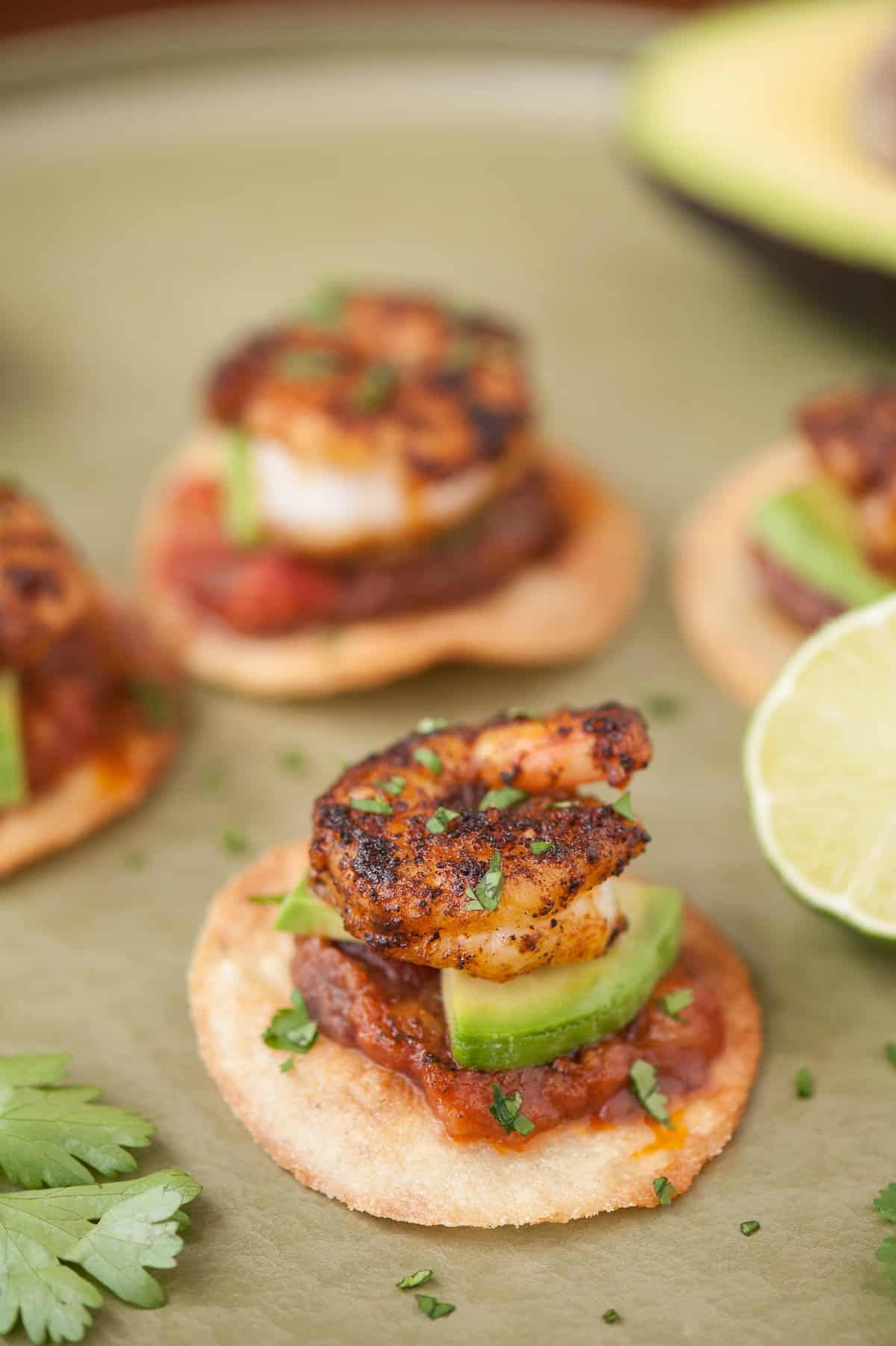 mini shrimp bean salsa tostadas.