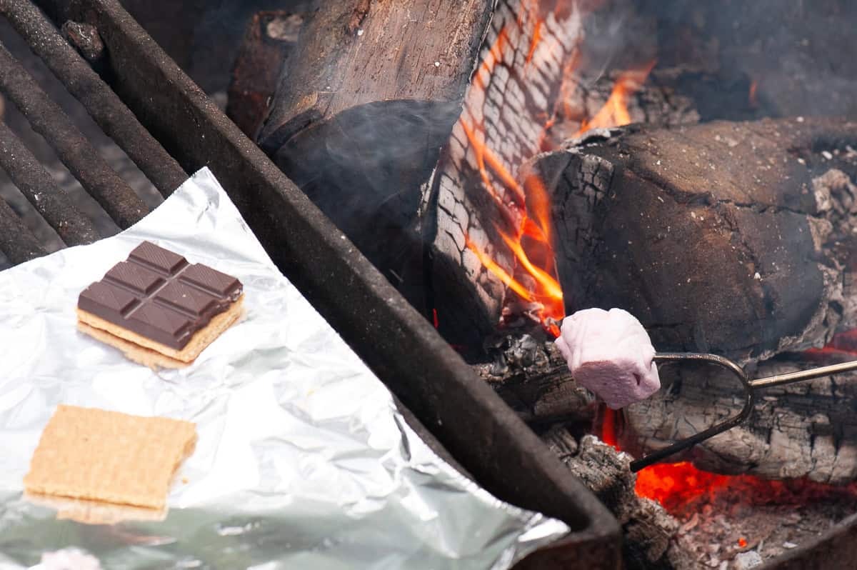 making s'mores with homemade strawberry marshmallow recipe.