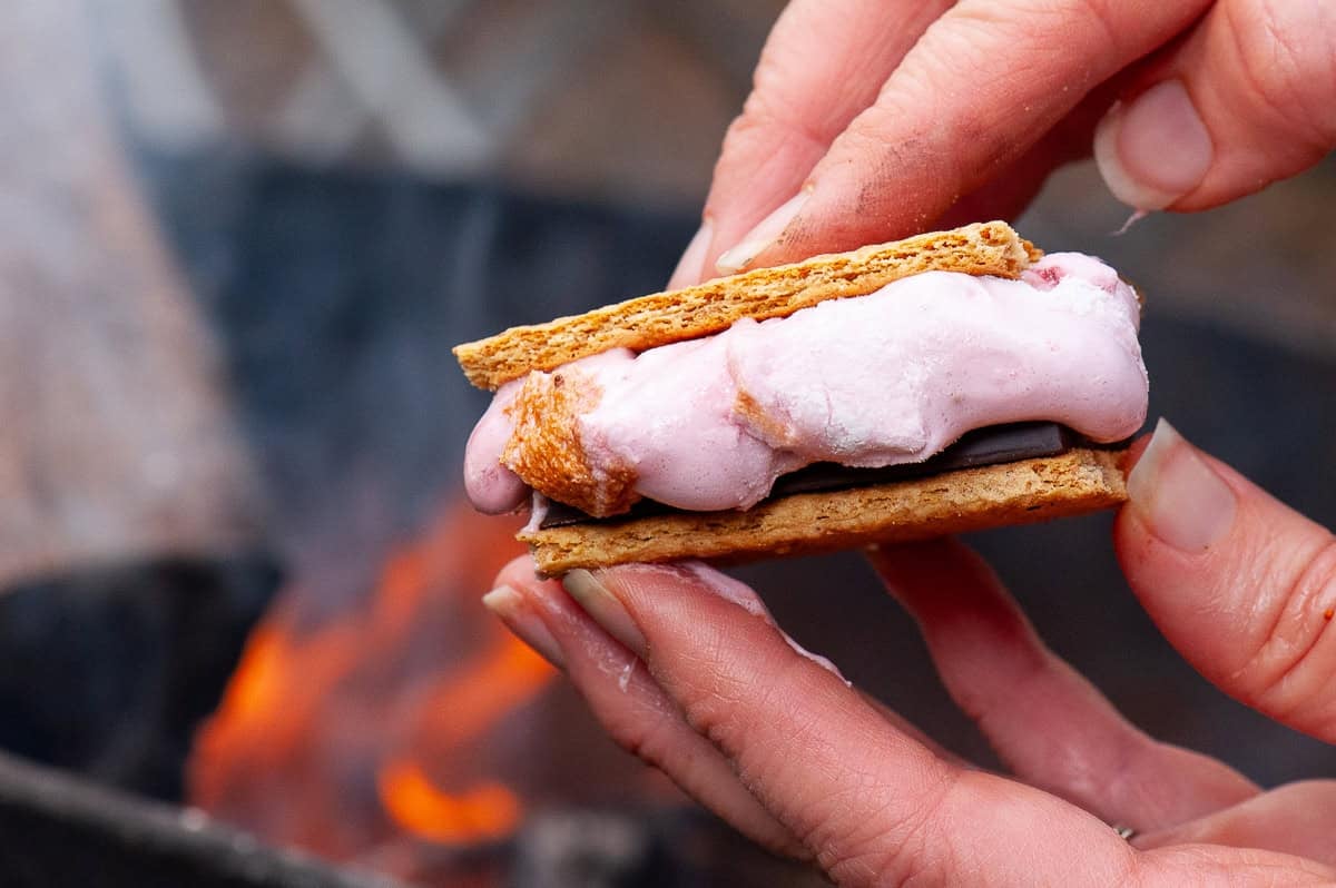 making s'mores with homemade strawberry marshmallow recipe.