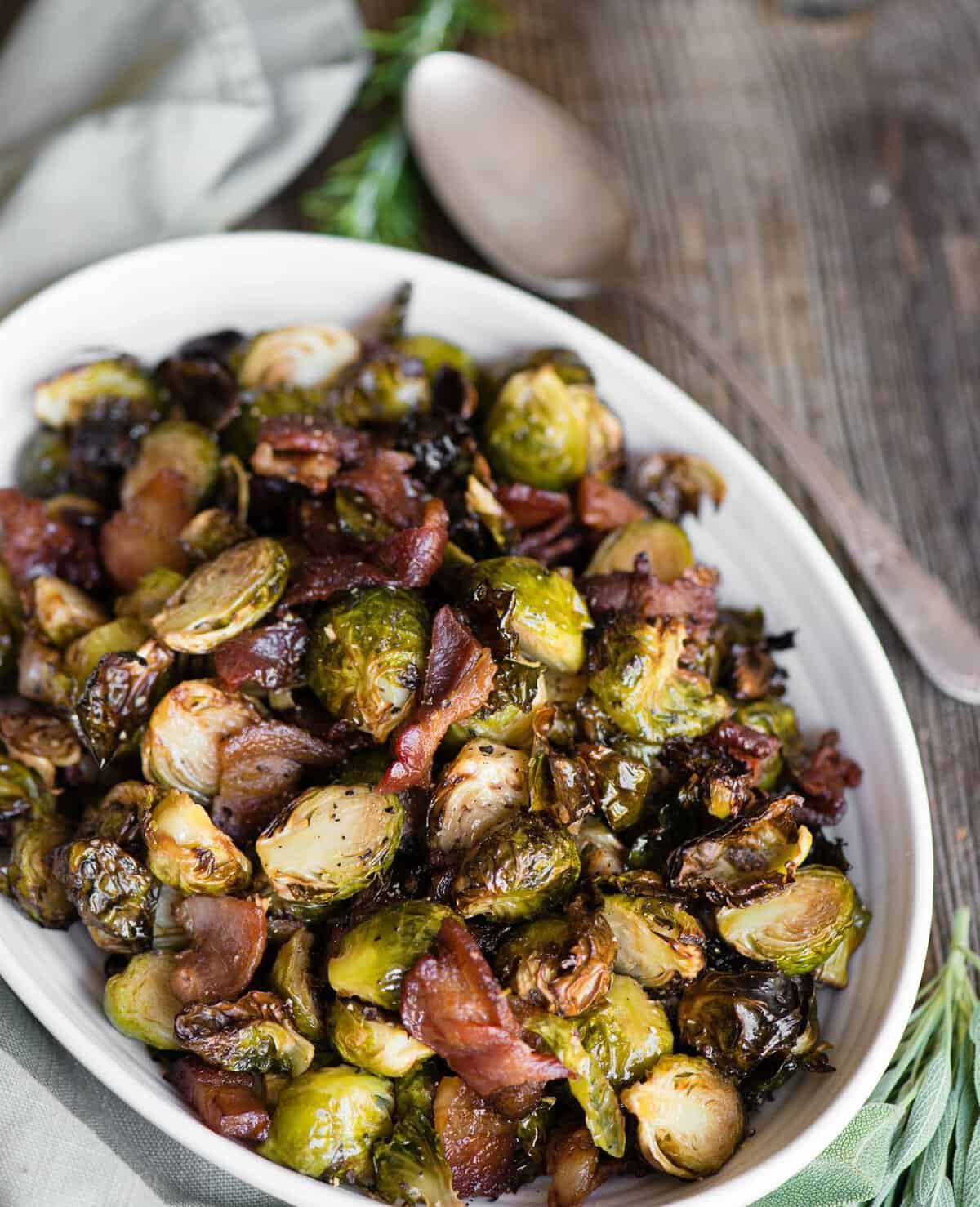 Brussels Sprouts and Bacon on platter