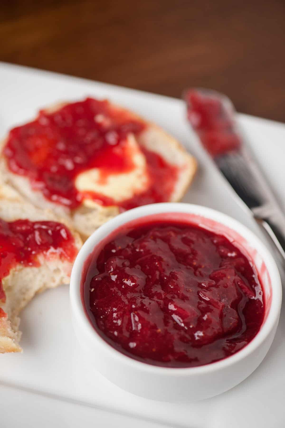 homemade Jam made from strawberries and rhubarb on toast