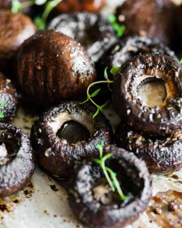 Balsamic Roasted Mushrooms on parchment paper