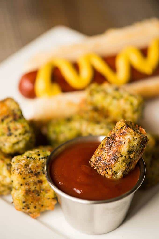 a broccoli tot in ketchup