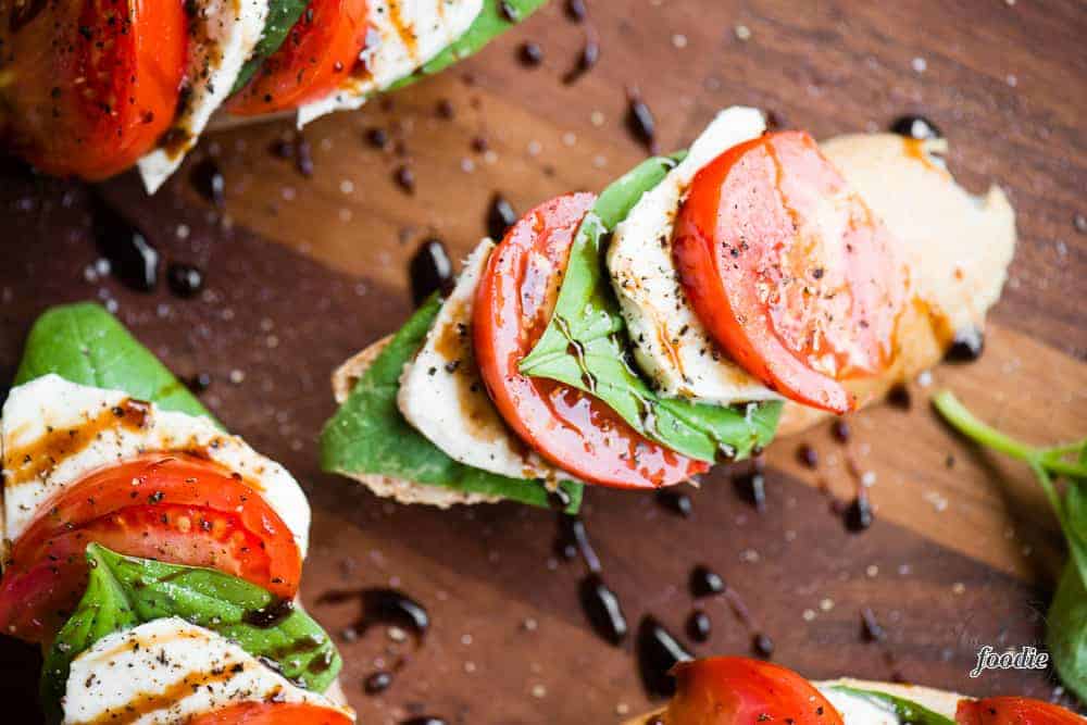 A close up of caprese bruschetta