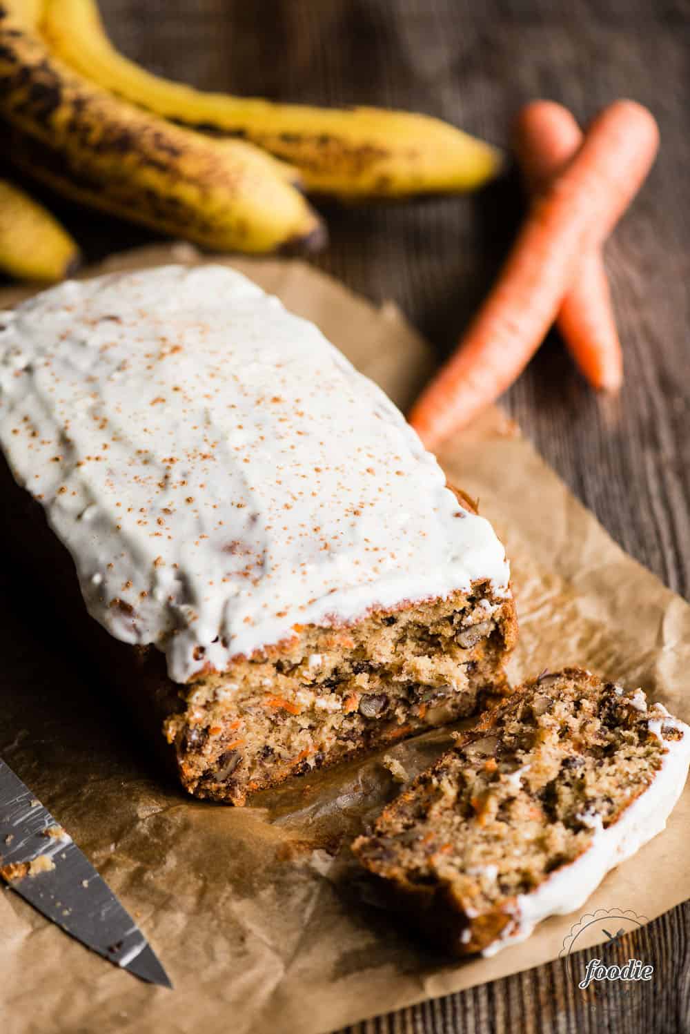 Whole Carrot Cake Banana Bread loaf with slice