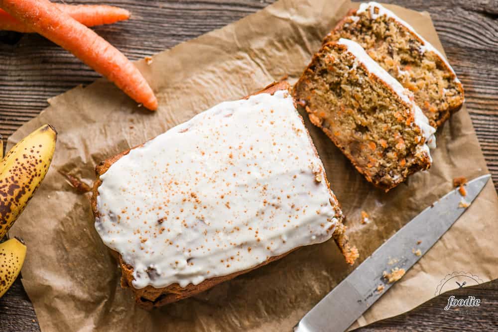 Carrot Cake Banana Bread and cream cheese frosting