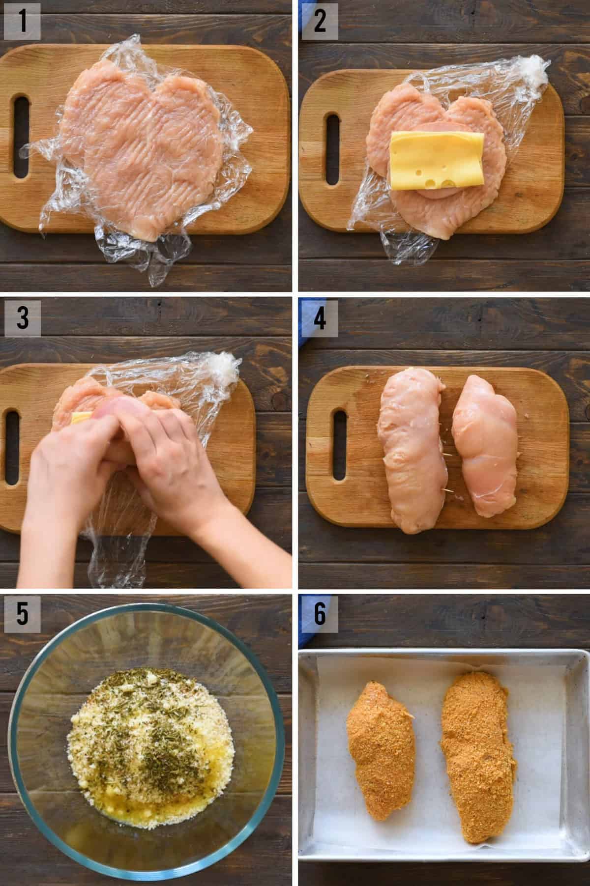 step by step photos of how to stuff chicken breast with ham and cheese and bake